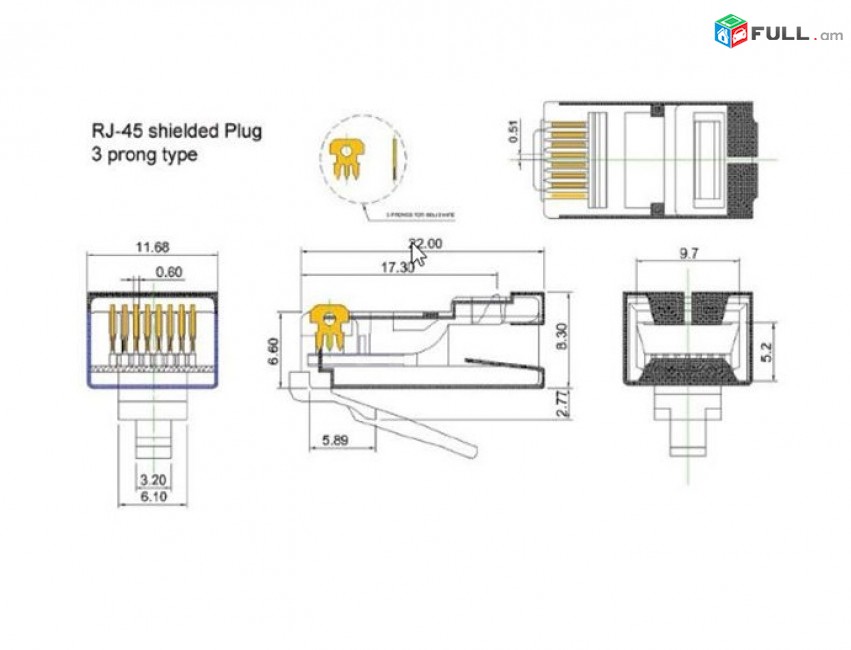 RJ45 LAN 24k Gold Connector Կոնեկտոր Cat 5, Cat 6 UTP коннектор вилка 3U позолота լանի գլխիկ