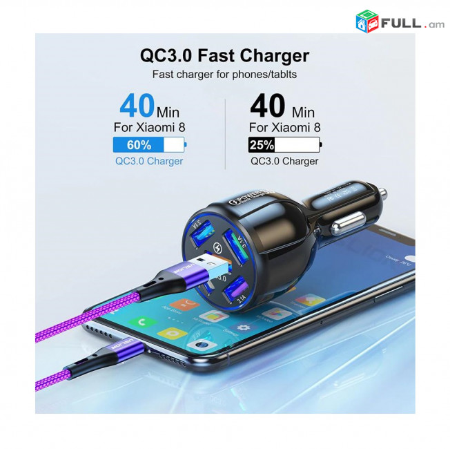 QC 3.0 Автомобильное Зарядное устройство USLION USB Car Charger 15A adapter Type C Լիցքավորիչ Մալուխ 