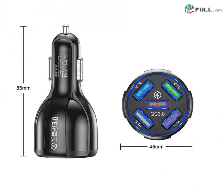 QC 3.0 Автомобильное Зарядное устройство USLION USB Car Charger 15A adapter Type C Լիցքավորիչ Մալուխ 