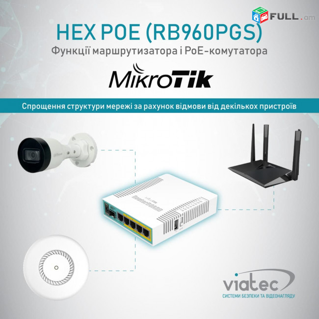 Mikrotik hEX PoE RB960PGS 5x Gigabit Ethernet with PoE output for four ports, SFP, USB, 800MHz CPU, 128MB RAM, RouterOS