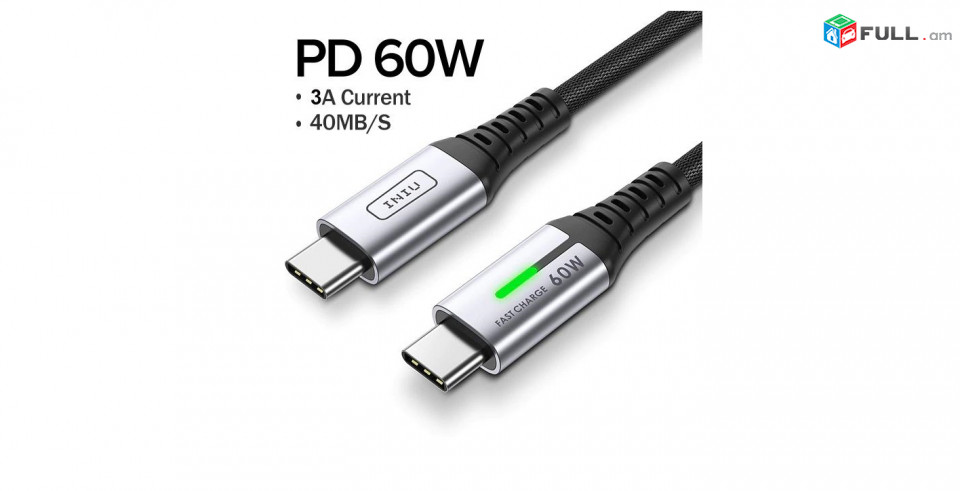 INIU PD 60W մալուխ USB C-Type C 3A LED Type-C լիցքավորիչ Huawei P40 Xiaomi 11 10 Samsung  