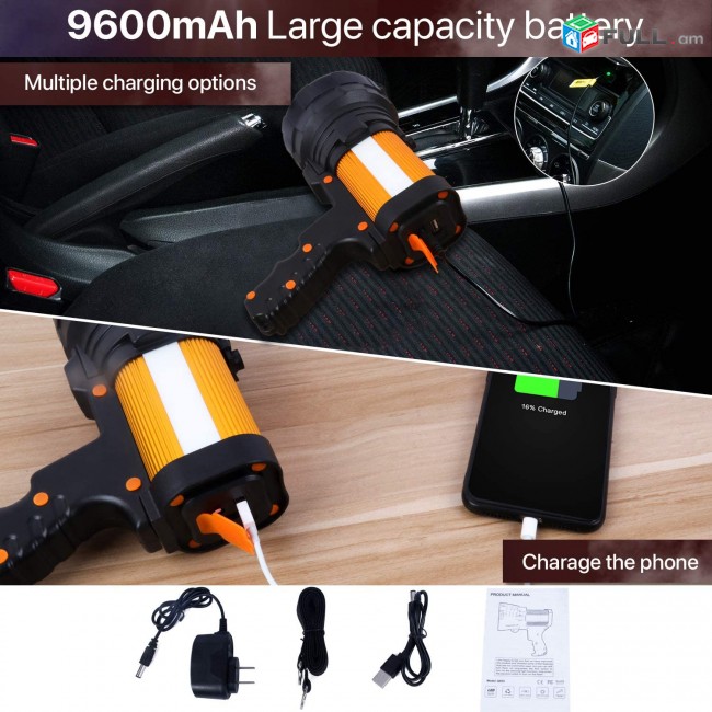 super dzerqi fanarik,batare,Ձեռքի ֆանար Super Bright LED Spotlight Rechargeable Flashlight 6000 Lumen Handheld Spotlight 10000mAh