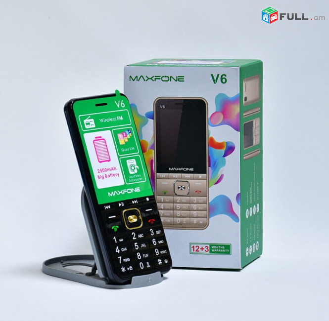 MaxPhone V6 ,Նոր 4 Սիմ քարտով կնոպշնի հեռախոս ,Անլար ռադիո ,Մեծ էկրան