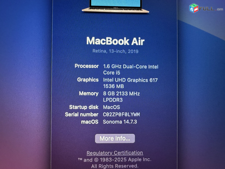 Apple MacBook Air 2019, A1932, Intel Core i5, 8 GB RAM, 250 GB SSD, ոսկեգույն