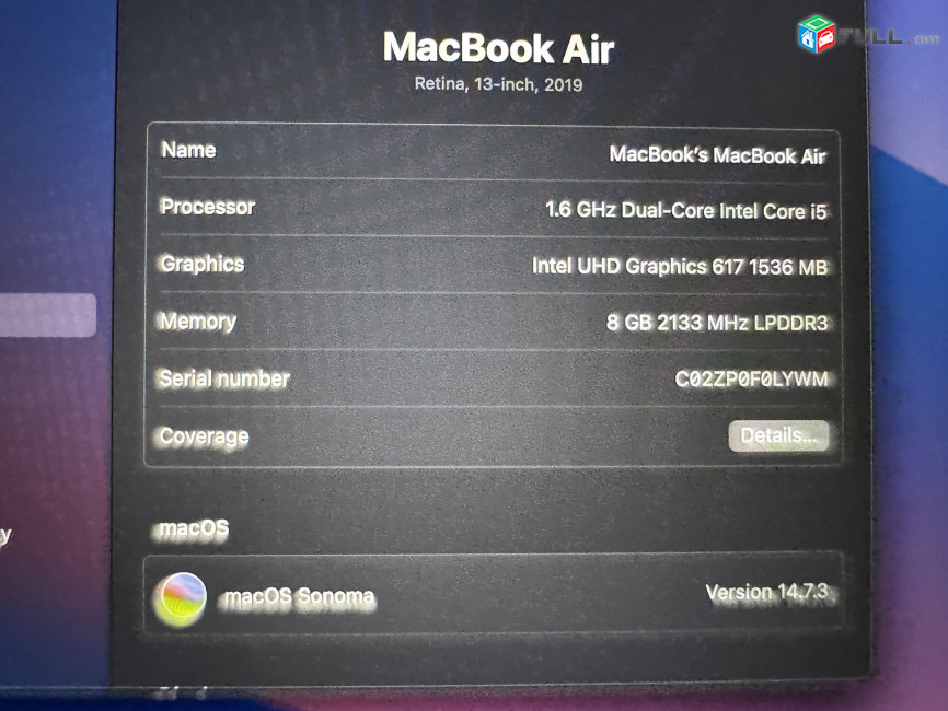 Apple MacBook Air 2019, A1932, Intel Core i5, 8 GB RAM, 250 GB SSD, ոսկեգույն