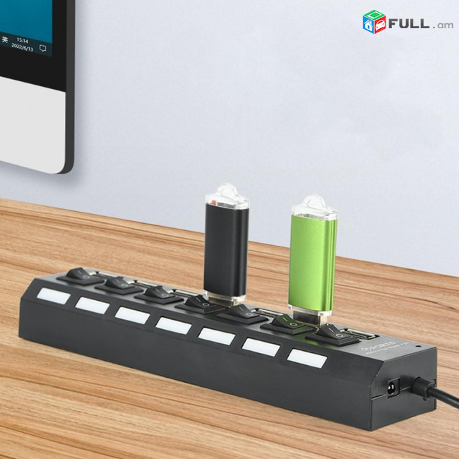 7-Port USB Hub with ON/Off Switch, Black